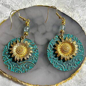 NEW Sunflower & Turquoise Earrings with Blue Czech Bead & Gold Ear Wires